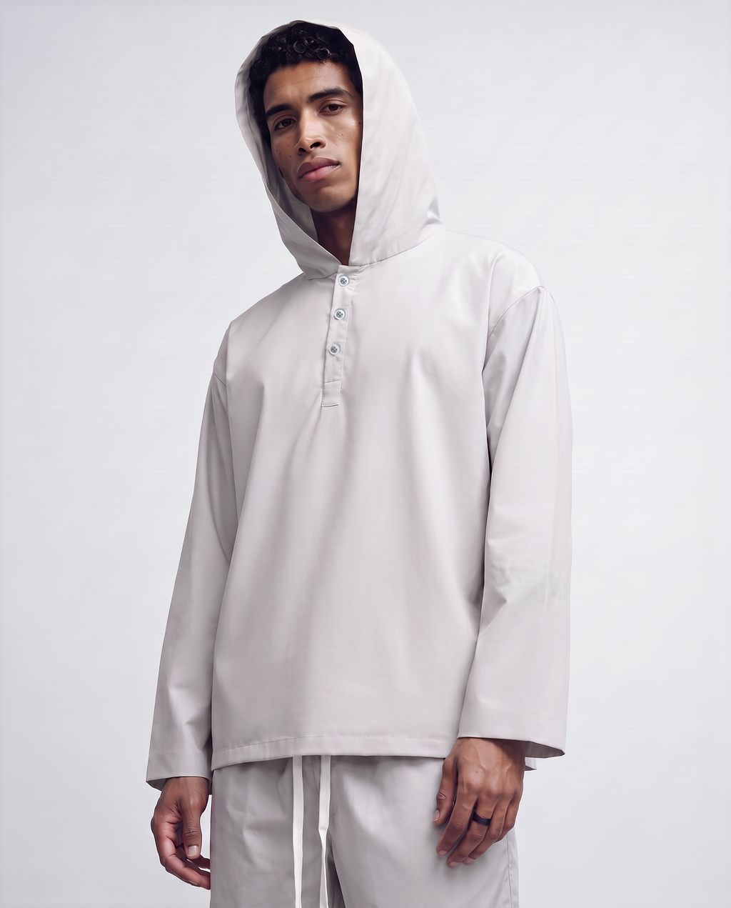 Lightweight Hooded Henley Top - Stone