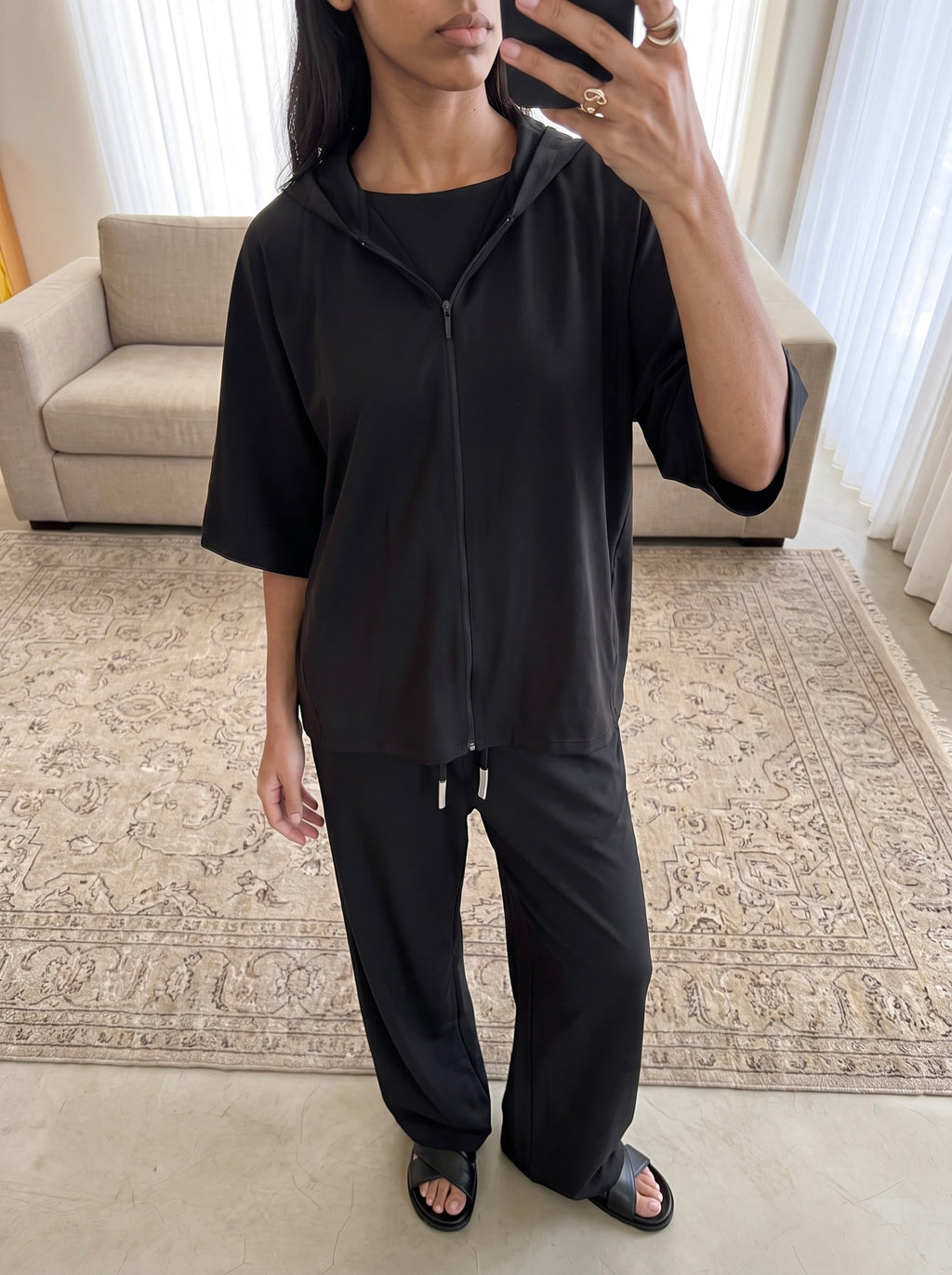 Crepe Wide Sleeve Zip-Up Hoodie - Night