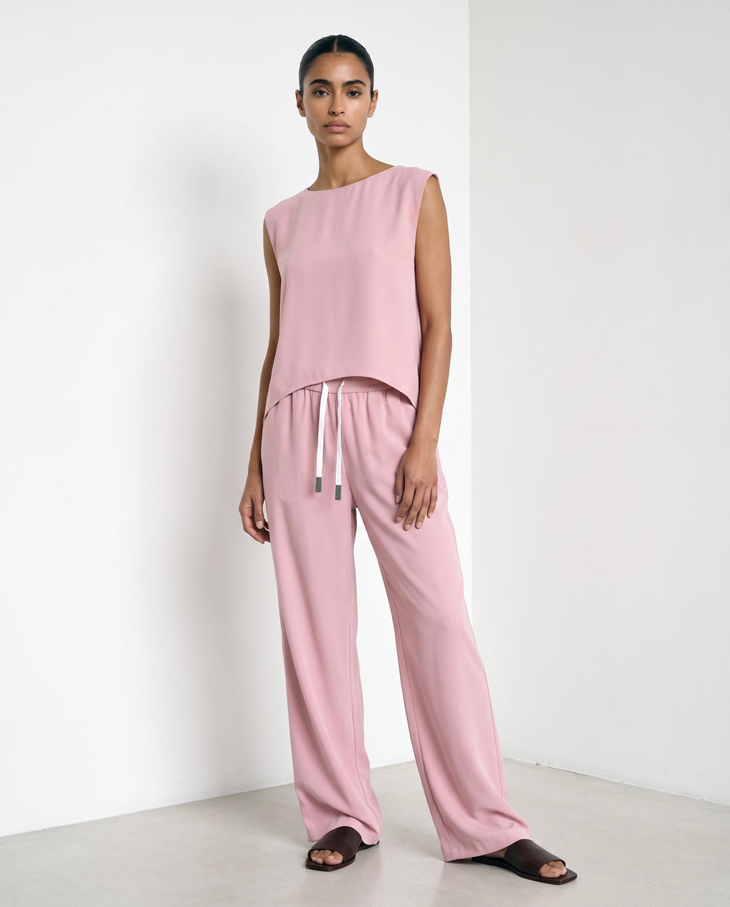 Crepe Wide-Leg Drawstring Trouser - Sand